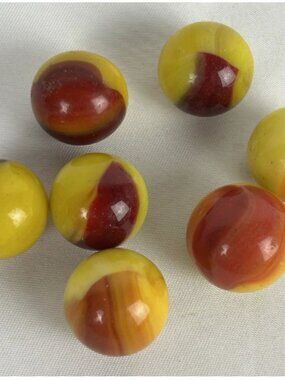 Vintage Lot Of 7 Akro Agate Royal Patch Red Ketchup Mustard Glass Marbles